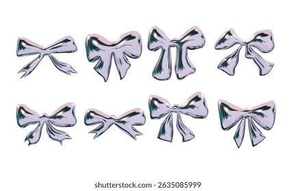 Glossy Chrome Ribbon Bow Element. A decorative collection of eight metallic ribbon bows featuring various tail shapes glossy folds and polished textures. Perfect for feminine branding product