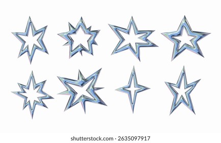 Elemento Cromado Brilhante Star Outline. Uma coleção futurista de oito contornos de estrelas cromadas com quadros torcidos, caminhos divididos, silhuetas espelhadas e metálicos. Perfeito para a interface de usuário de logotipos de cartazes de ficção científica