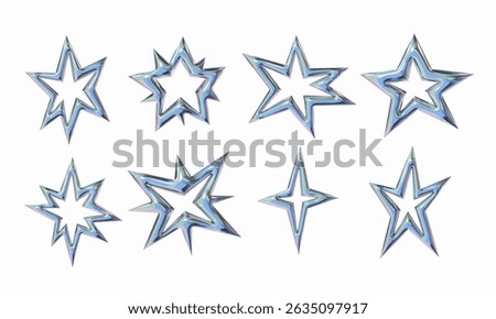 Glossy Chrome Star Outline Element. A futuristic collection of eight chrome star outlines featuring twisted frames split paths mirrored silhouettes and metallic. Perfect for sci fi posters logos UI