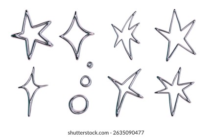 Glossy Chrome Star Outline and Ring. A stylized collection of eight chrome outline elements including warped stars diamond bursts rings and radiant sparks Perfect for fantasy branding y2k graphics