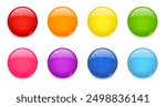 Glossy circle buttons, 3d round icons. Colored glass spheres set isolated on white background. Shiny blue, green, red and yellow circle web buttons, vector cartoon illustration