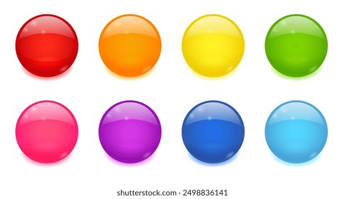 Glossy circle buttons, 3d round icons. Colored glass spheres set isolated on white background. Shiny blue, green, red and yellow circle web buttons, vector cartoon illustration