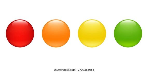 Botones de círculo brillante, iconos redondos 3D. Esferas de vidrio de colores aisladas sobre fondo blanco. Botones brillantes del Web del círculo azul, verde, rojo y amarillo, ilustración de la historieta del Vector

