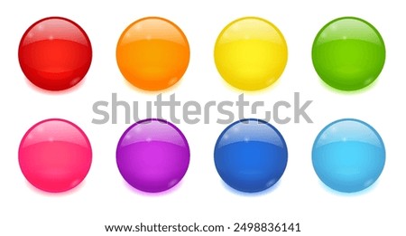 Glossy circle buttons, 3d round icons. Colored glass spheres set isolated on white background. Shiny blue, green, red and yellow circle web buttons, vector cartoon illustration