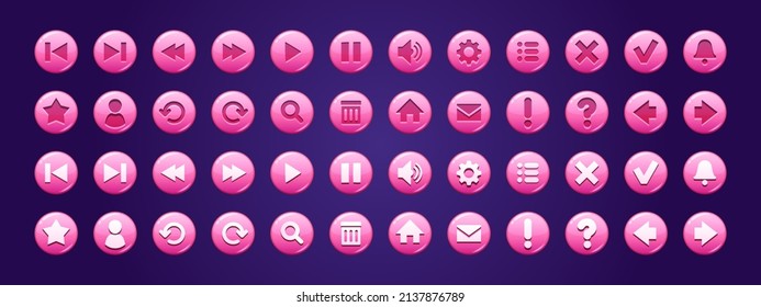 Glossy circle buttons with icons for website or user interface design in game. Vector cartoon set of pink ui elements, web buttons with symbols of search, mail, home, arrows, star and sound