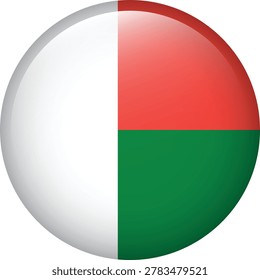 Glossy circle icon of the Madagascar flag with a subtle 3D sphere effect. High-quality round badge featuring a vertical white band on the hoist side, and two horizontal bands of red and green on the fly side, finished with a professional shiny metallic finish.