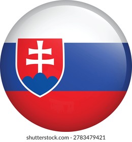 Glossy circle icon of the Slovakia flag with a subtle 3D sphere effect. High-quality round badge featuring the horizontal red, blue, and white stripes with the national coat of arms (double white cross on a red shield with three blue hills) shifted left of center, finished with a professional shiny metallic finish.