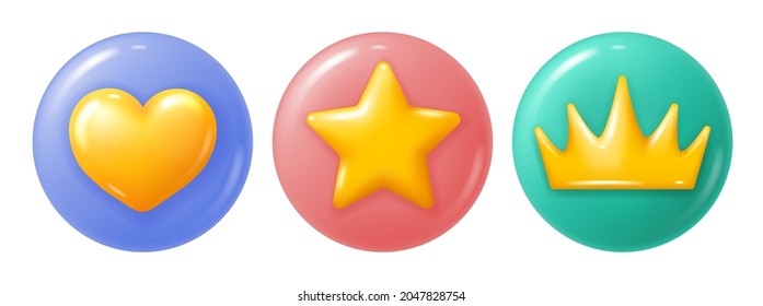 Glossy circle icons set with golden heart, star and crown symbols. 3d minimalist style. Rating or status signs, customers feedback, like. Bright design, isolated on white. Vector illustration.