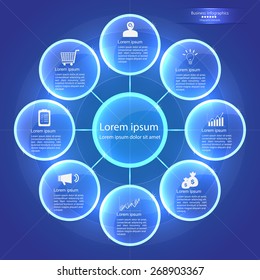 Glossy Circles With Business Icon and Information Text, Abstract Blue Background,  Modern Template Design, Financial and Business Infographic, Workflow/Element Layout Design. Vector Illustration