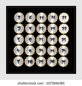 Glossy circles of metallic platted numbers with full bold font style upper case set 3D illustration with a polished finish glossy shiny surface mirror on a black background with clipping path.