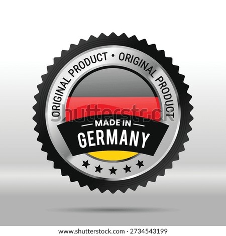 Glossy circular Made in Germany vector badge. Premium quality original product guarantee label with German flag. Round silver emblem for export and manufacturing. Ready to use graphic with outlined text isolated on white.