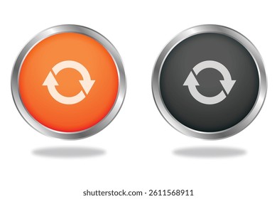 Glossy circular sync button icons in orange and black with metallic border for user interface or web design.