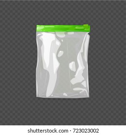 Glossy clear vacuum polyethylene pack with green zipper isolated vector illustration on transparent background. Convenient package for food.