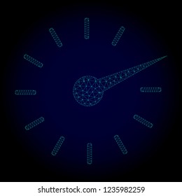Glossy clockface polygonal illustration. Abstract mesh lines, triangles and points on dark background with clockface.