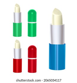 Glossy closed and opened lip balm stick or hygienic lipstick set closeup isolated on white background, vector illustration
