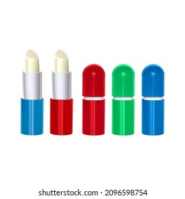 Glossy closed and opened lip balm stick or hygienic lipstick set closeup on white background vector format