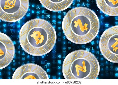 Glossy coins with microchip pattern and most popular cryptocurrency signs like Bitcoin, Ethereum, Namecoin, Dash and Zcash on blue matrix binary code, cryptocurrency concept illustration