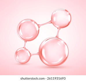 Glossy Collagen Molecule Structure with Transparent Pink Serum Drops on Light Background. 3D Vector Illustration