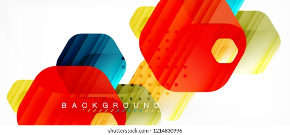 Glossy color hexagons modern composition background, shiny glass design, vector