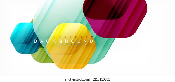 Glossy color hexagons modern composition background, shiny glass design, vector