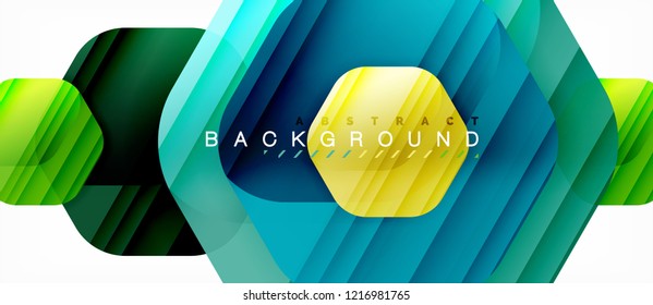 Glossy color hexagons modern composition background, shiny glass design, vector