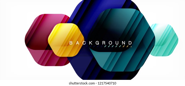 Glossy color hexagons modern composition background, shiny glass design, vector