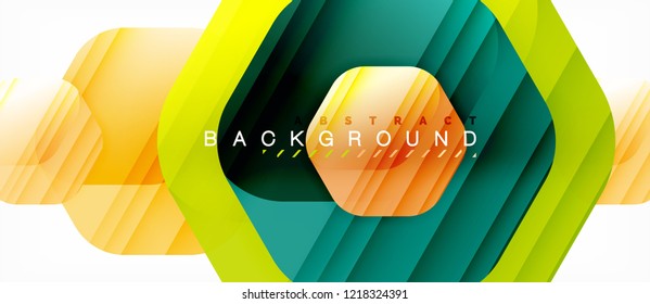 Glossy color hexagons modern composition background, shiny glass design, vector
