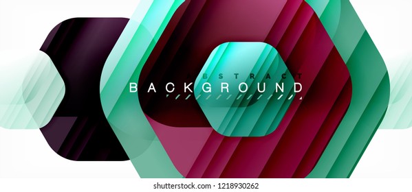 Glossy color hexagons modern composition background, shiny glass design, vector