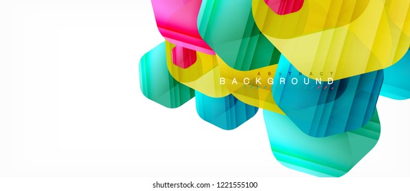Glossy color hexagons modern composition background, shiny glass design, vector