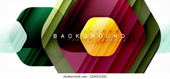 Glossy color hexagons modern composition background, shiny glass design, vector