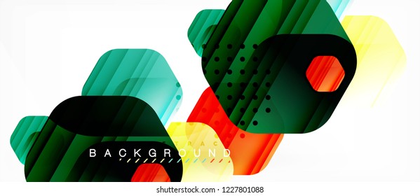 Glossy color hexagons modern composition background, shiny glass design, vector