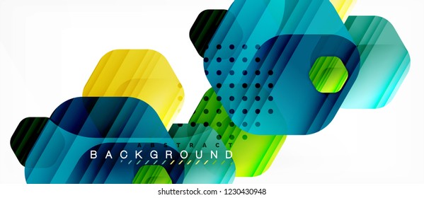 Glossy color hexagons modern composition background, shiny glass design, vector