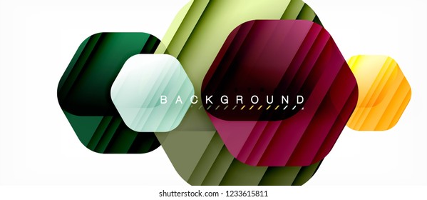 Glossy color hexagons modern composition background, shiny glass design, vector