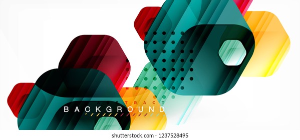 Glossy color hexagons modern composition background, shiny glass design, vector