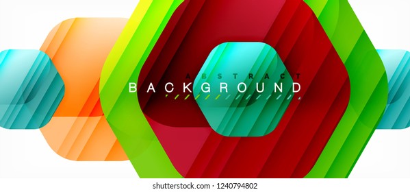 Glossy color hexagons modern composition background, shiny glass design, vector