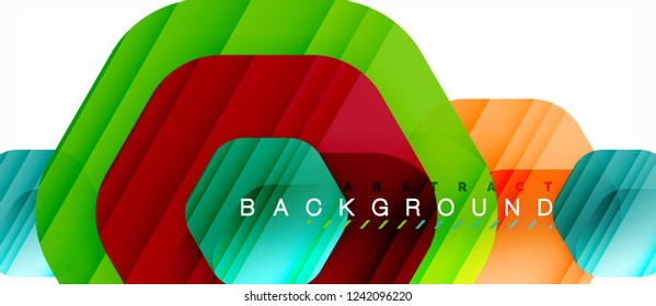 Glossy color hexagons modern composition background, shiny glass design, vector