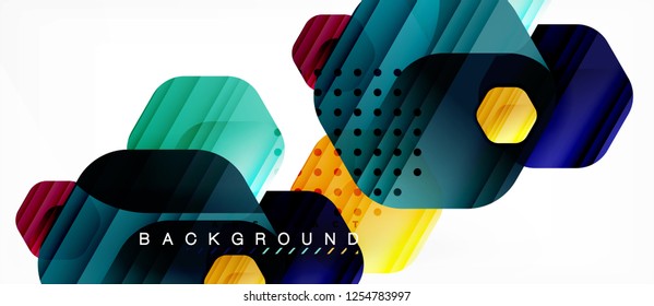 Glossy color hexagons modern composition background, shiny glass design, vector