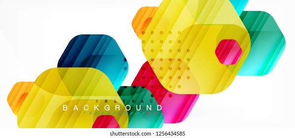 Glossy color hexagons modern composition background, shiny glass design, vector