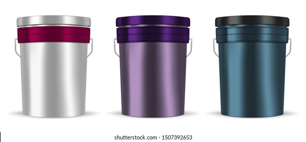 Glossy color metal bucket with handle isolated on white background, realistic vector mockup set. Blank metallic pail container with lid, template. Easy to recolor.