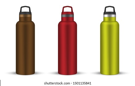 Glossy color metal water bottle with carry handle, realistic vector illustration. Drinking reusable flask for hot or cold beverages, template. Easy to recolor.