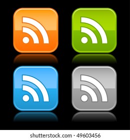 Glossy color rounded squares buttons with rss symbol on black