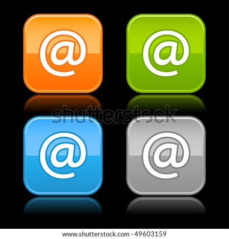 Glossy color rounded squares buttons with arroba symbol on black