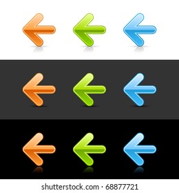 Glossy colored arrow left sign web 2.0 icons with shadow and reflection on black, gray and white
