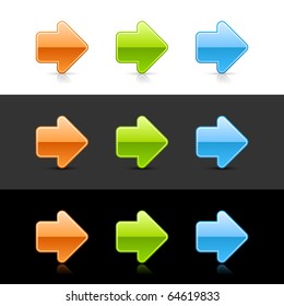 Glossy colored arrow sign web 2.0 buttons with shadow and reflection on white, gray, and black