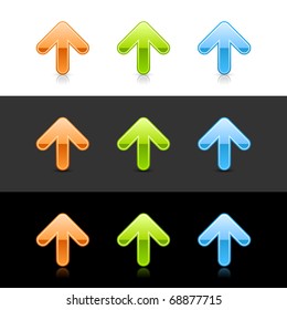 Glossy colored arrow up sign web 2.0 icons with shadow and reflection on black, gray and white