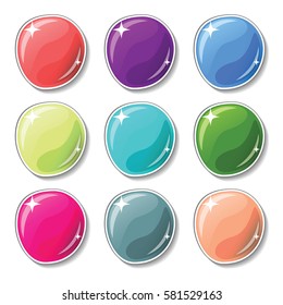Glossy colored buttons with drop shadow effect. Blank vector buttons set for web design or game graphic. Colorful marbles on white background. Empty bubbles for text or word. Board pins isolated