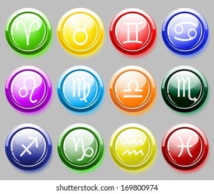 Glossy colored buttons with zodiac signs over gray background. Vector eps10.