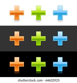 Glossy colored cross sign web 2.0 buttons with shadow and reflection on white, gray, and black