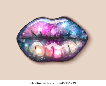 Glossy colored galaxy lips kiss, fantasy lipstick.