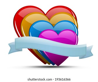 Glossy colored hearts with ribbon and shadow on light background - for your text.